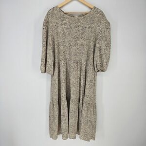 Grade & Gather Midi Dress Womens Large Tan Black Animal Print Smocked Tiered